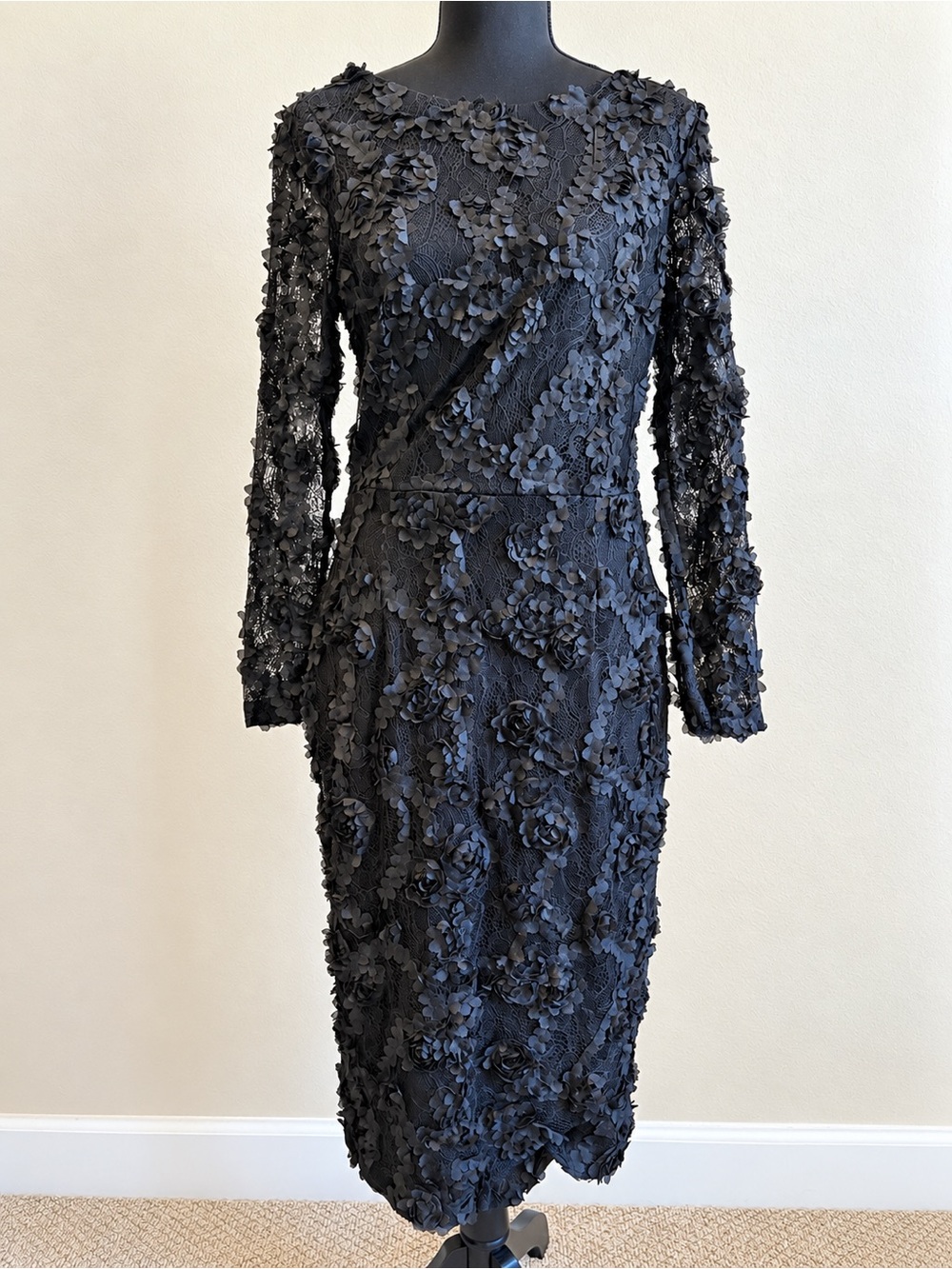 XSCAPE Black 3D Floral Lace Appliqué Midi Dress Size 10 USA Made BNWT